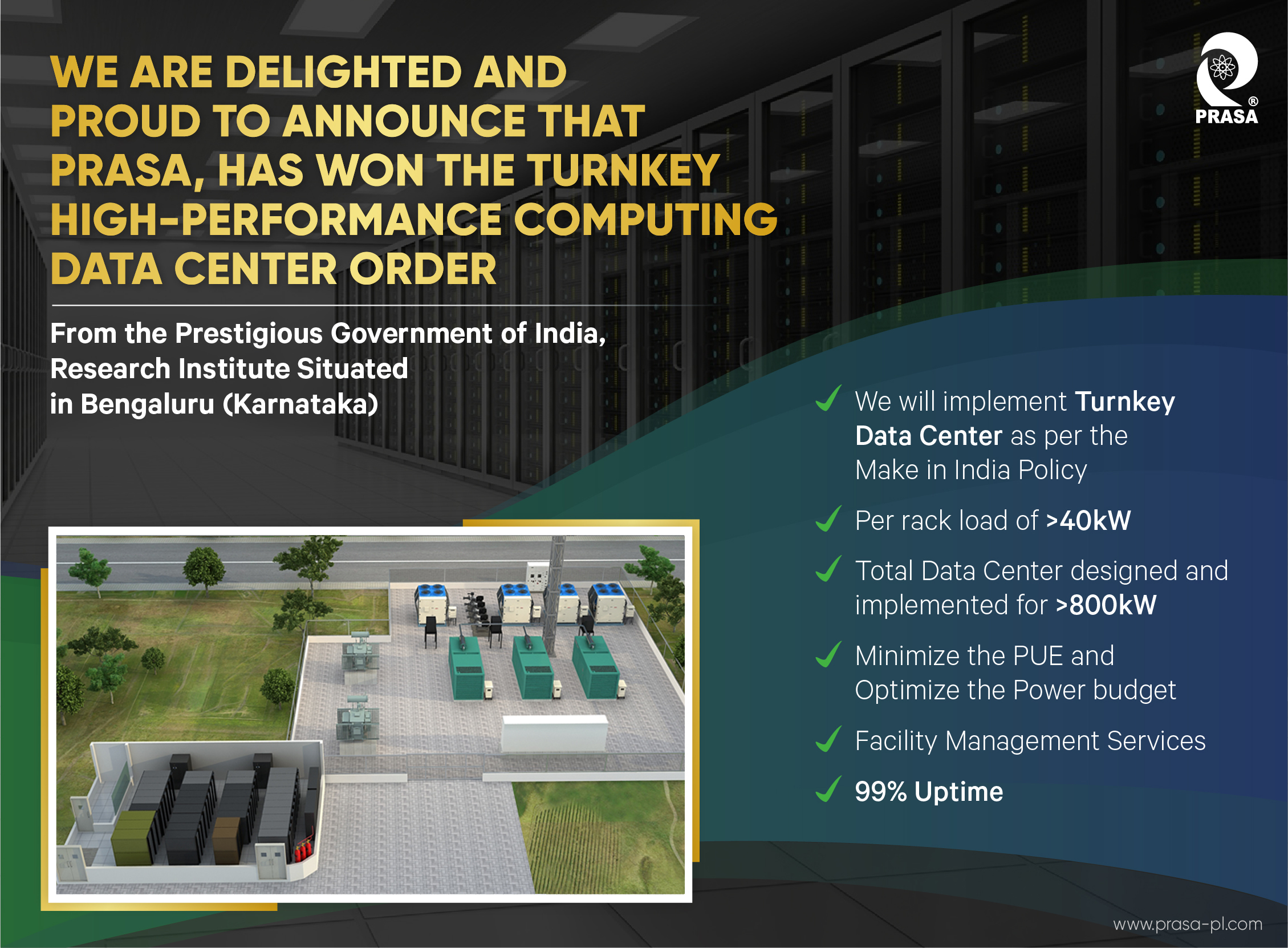 Prasa has won the Turnkey High-Performance Computing Data Center Order From the Prestigious Government of India, Research Institute Situated in Bengaluru (Karnataka)