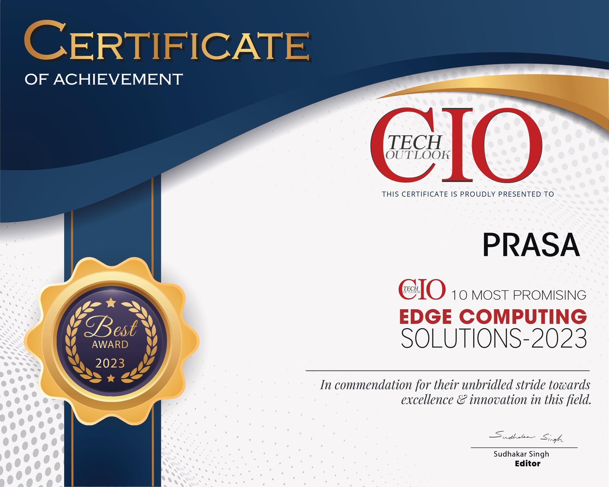 PRASA is shortlisted as one of the 10 Most Promising Edge Computing Solutions Providers in 2023 by CIOTechOutlook